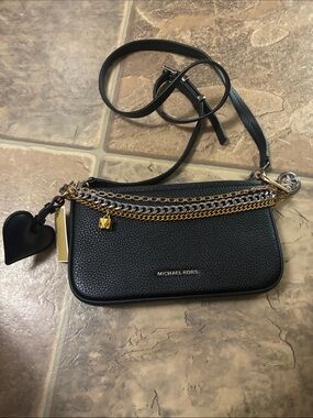 Michael Kors Black Pebbled Leather Crossbody with Mixed Metal Chains